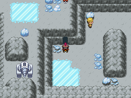 The protagonist stands outside a cave entrance in the icy quarry.