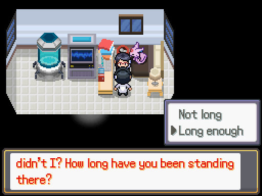 Ellie asks how long the player has been silently standing next to her. The player's indicator hovers nect to, 'Long enough'.