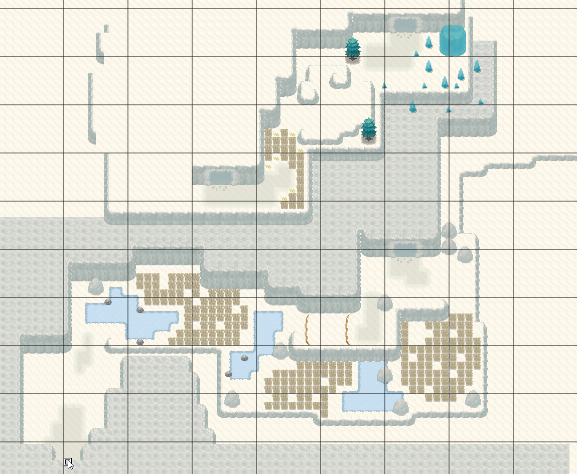 A screenshot of a map in RPG Maker XP. It depicts a snowy mountain pass with frozen ponds, dried grasses, and multiple cave entrances. The bottom part of the map looks playable, but the upper parts are obviously incomplete.