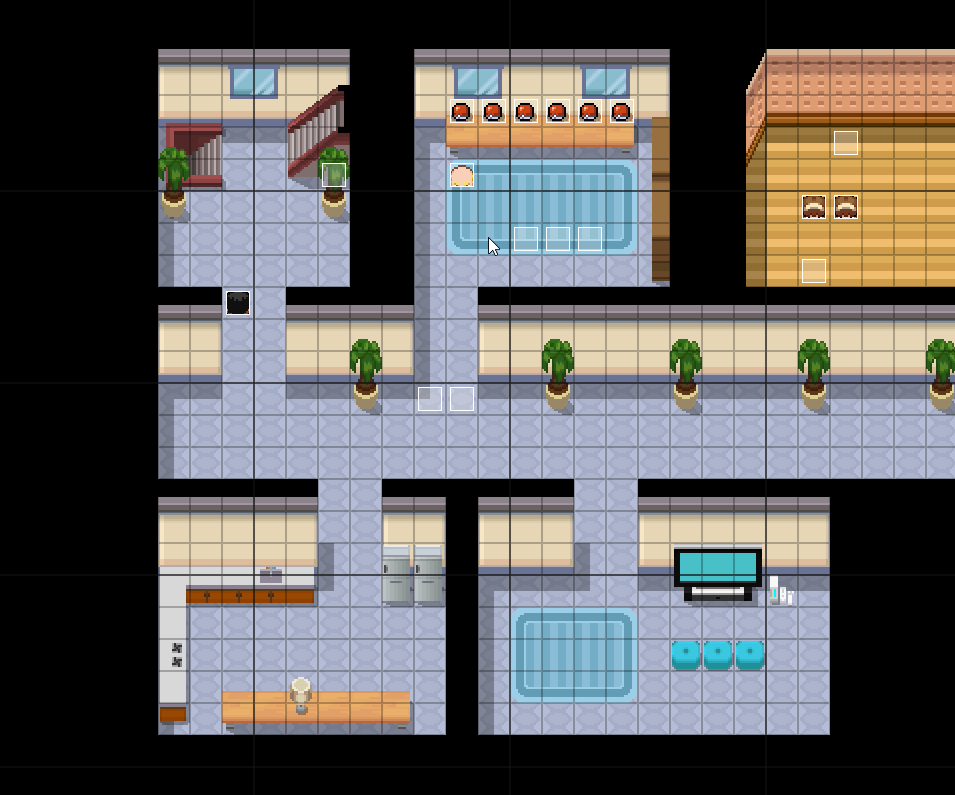 A screenshot of a map in RPG Maker XP. It shows an interior hallway with five rooms, and in the center-top room is a table covered in Pokéballs.