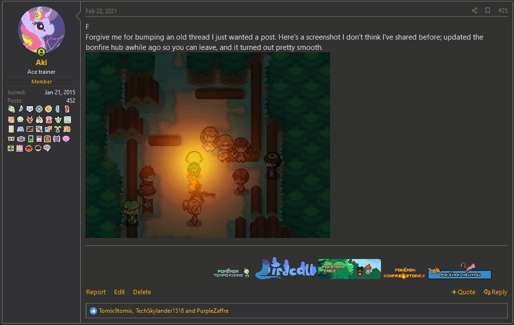 A post from Relic Castle. It reads, 'F. Forgive me for bumping an old thread I just wanted a post. Here's a screenshot I don't think I've shared before; updated the bonfire hub awhile ago so you can leave, and it turned out pretty smooth.' Then there is a gif from the game depicting the player attmeping to walk away from the bonfire, only to somehow loop back around to it.