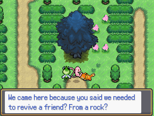 Celebi talks to a red-eyed Mew in an early version of the cutscene ay Sacred Island.