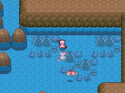 A screenshot from MewYou. Mew hovers over the clear water while a Slowpoke swims nearby. Under the water are several animated Shellder and Cloyster