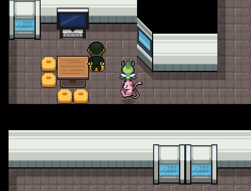 Celebi is stiffly remaining, unmoving, above the player character as they move.