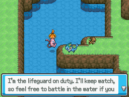 Mew hovers over the water and speaks to a Vaporeon standing on a cliff above.