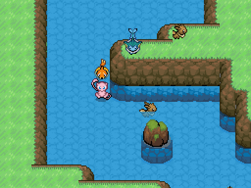 An Eevee is swimming circles around a large mossy rock.