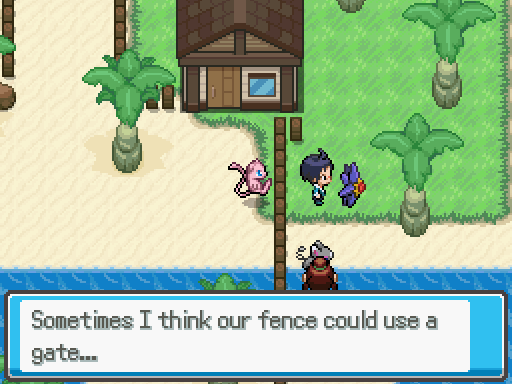 Mew listens in on a Starmie trainer telling his Pokémon ,'sometimes I think our fence could use a gate'.