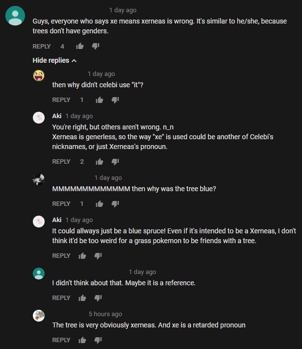 A thread of YouTube comments. The users are debating why the pronoun 'xe' was used, and if it's appropriate or a valid pronoun to use.