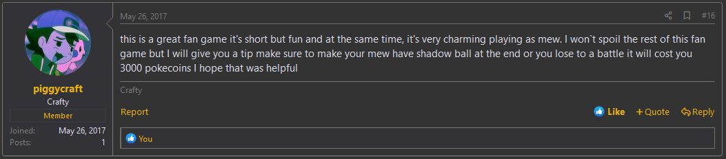 A screenshot from the Relic Castle forum. The users says they are enjoying the game and don't want to spoil anything, but want to offer a tip: Buy the TM for Shadow Ball.