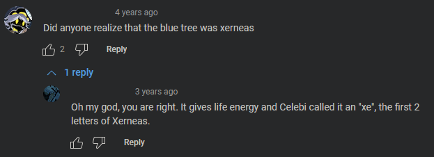 A thread of YouTube comments. The first user asks if anyone else realized that the tree was Xerneas, and the reply of another user is in shock, relaizing the tree was Xerneas.