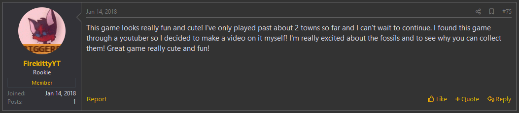 A comment from Relic Castle forums. The user says they've only played through two towns so far, but are having fun with the game and are excited to see where it goes.