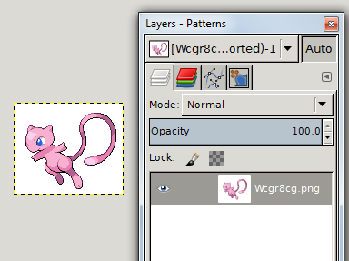 A screenshot of the Mew sprite inside of the GIMP editor.