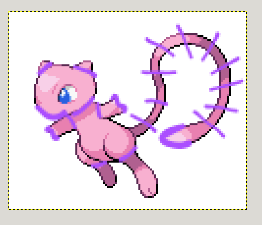The Mew sprite, with pruple lines drawn along several joints.