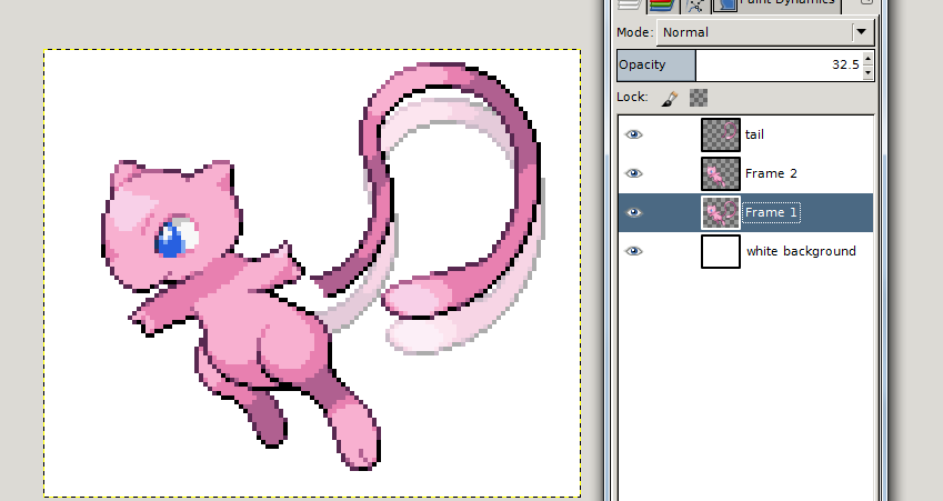 The Mew's tail has been separated from the body so it can be edited for frame 2 of the animation.