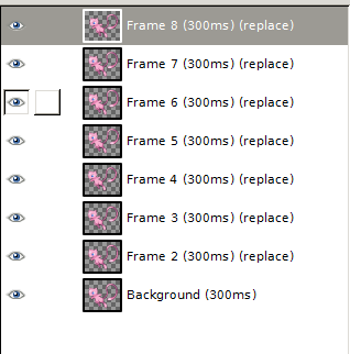 A screenshot of all the animation frames inside of GIMP. There are nine total frames, with each frame appearing for 300 miliseconds before being replaced by the next frame.