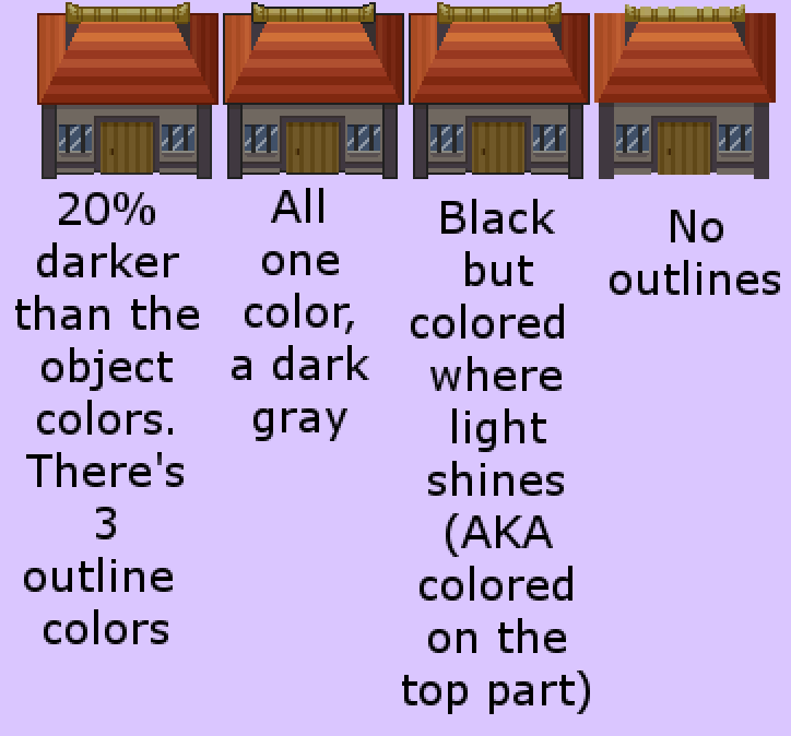 A single building appears with 4 different outline styles, with each style labelled below. The first is 20% darker than the object colors. There's 3 outline colors. The second building is all one color, a dark gray. The third building is black but colored where the light shines, or colored on the top part. The final building has no outlines.
