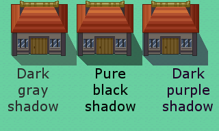 The same building appears three separate times with different colored shadows. The left building has a dark gray shadow. The middle version has a pure black shadow. The right building has a dark purple shadow.