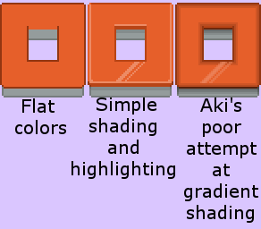 Three versions of the same countertop are shown in different shading styles. The version on the right only has flat colors. The center version has simple shading and highlighting, with only a few addittional colors added. The countertop on the right is labelled as Aki's poor attempt at gradient shading, and has 2-4 new shades of highlights and shadows.