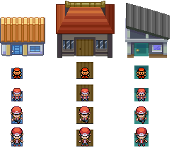 An animated gif showing buildings in three different styles, each with their doors compared to four different styles of a character sprite. The doors switch location from on top of and under the sprites in order to show how their sizes compare to each other.
