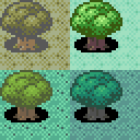 Four images of a tree in the gen two style, but with four different color pallettes. The colors are taken from future generations.