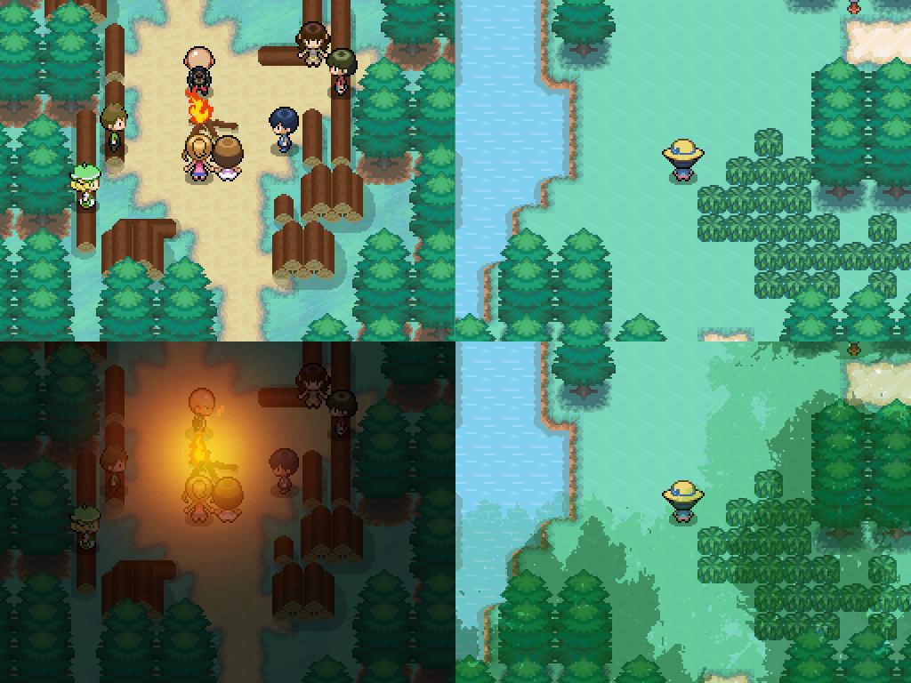 The top screenshots are basic scenes from Bonfire Stories. On the bottom, fogs have been added for ambiance. On the left, the campfire is now glowing brightly in the dark night. On the right, the shadows of the forest fade away in the bright clearing.