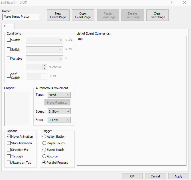 An animated gif going through the menues in RMXP. An event is created and the trigger is set to Parallel Process. The event command window is pulled up and Change Map Settings is selected. A fog graphic is selected. The setting are each adjusted just to show that they can be changed.