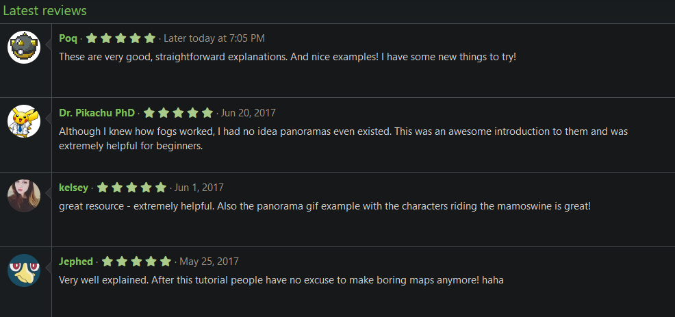 A screenshot from Relic Castle. There are four comments under latest reviews. They are each positive, rating the tutorial with five out of five stars.