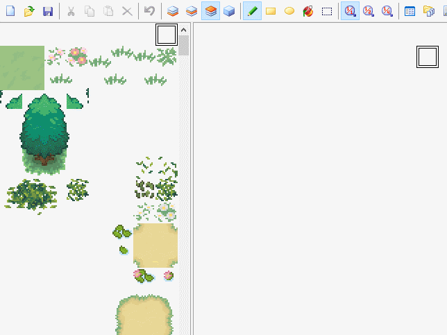 an animated gif of working within the RMXP editor. Tiles are being placed on the map. First a layer of grass, then a tree on layer two, and a sign on layer three.