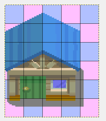 A screenshot of a house tile on a tile grid. It is aligned so that the door fits nicely on the grid, even though this isn't the most efficient use of space.