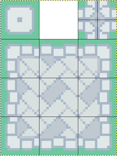 A stone path autotile from Essentials. A grid is drawn on the tile to show its' different parts.