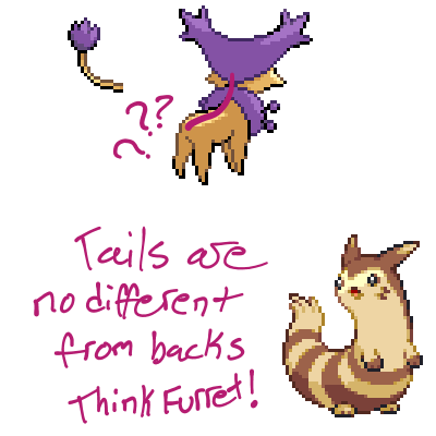 A sprite of Delcatty from behind with the tail removed. A line has been drawn along the back to show how to figure out where the tail would be placed. Text written on the drawing reads: Tails are no different from backs Think Furret!