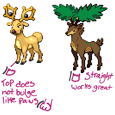 Sprites of Stantler and Sawsbuck. The Stantler's hooves are noted to curve, with the top not bulging like paws do. The Sawsbuck's hooves are noted as, straight works great.
