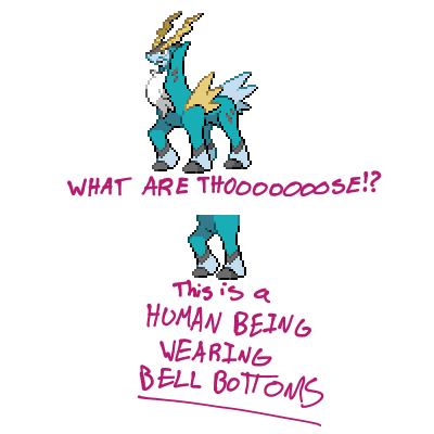 A sprite of Cobalion, with a focus on the two front hooves. Notes are written yelling, What are those!? This is a human being wearing bell bottoms!