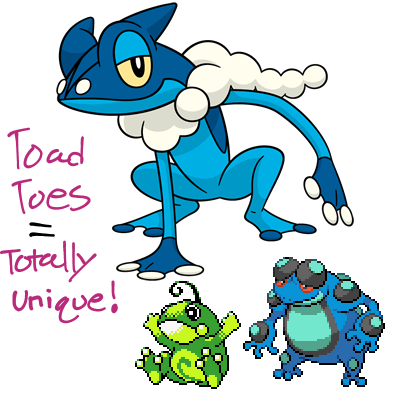 An official render of Frogadier, with sprites of Politied and Seismitoad. Written next to them is Toad toes = Totally unique!